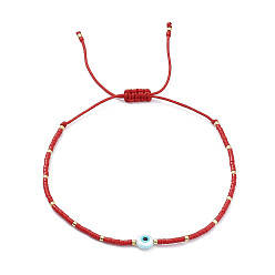 Rouge Bracelet réglable en perles miyuki graine et résine mauvais œil tressé pour femme, rouge, diamètre intérieur: 1-3/4~2-3/4 pouce (4.4~7.1 cm)