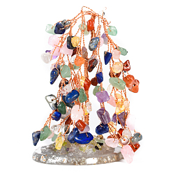 Pierre Mélangete Décoration en pierres naturelles, avec du fil de laiton, base de tranche d'agate, pour les décorations de bureau à domicile, arbre de la vie, 50~70x100mm