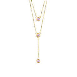 Golden SHEGRACE 925 Sterling Silver Two-Tiered Necklaces, with Three Round Pink AAA Cubic Zirconia Pendant, Golden, 14.96 inch~16.54 inch(38~42cm)