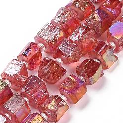 Rouge Galvaniques perles de quartz naturel brins, hexagone prisme, forme irrégulière, rouge, 8~13x10~14x6~11mm, Trou: 1mm, Environ 15~16 pcs/chapelet, 7.8~8 pouce (20~20.5 cm)