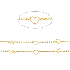 Chapado en Oro Real 18K Cadenas de cable de latón, con anillos de unión, soldada, con carrete, larga duración plateado, Corazón y estrella, real 18 k chapado en oro, 1.6x2x0.4 mm, aproximadamente 32.8 pies (10 m) / rollo