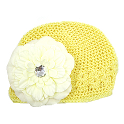 Champagne Yellow Handmade Crochet Baby Beanie Costume Photography Props, with Cloth Flowers, Champagne Yellow, 180mm