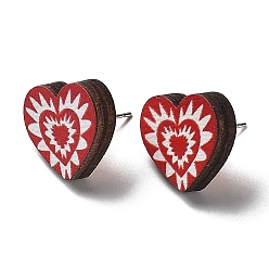 Cœur Boucles d'oreilles en bois imprimées sur le thème de la saint-valentin pour femmes, avec 316 broches en acier inoxydable, cœur, 15x16.5mm