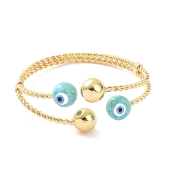 Turquoise Medio Brazalete abierto con mal de ojo esmaltado, joyas de latón chapado en oro real 18k para mujer, medio turquesa, diámetro interior: 2-1/2 pulgada (6.5 cm)