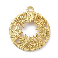 Golden Autumn Theme Zinc Alloy Open Back Bezel Pendants, For DIY UV Resin, Epoxy Resin, Pressed Flower Jewelry, Flat Round with Maple Leaf, Golden, 34x30x3mm, Hole: 2.5mm