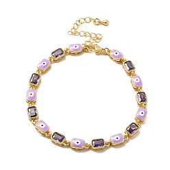 Orchidée Bracelet chaîne à maillons rectangulaires en émail mauvais œil et zircone cubique, bijoux en laiton doré pour femme, orchidée, 7-1/4 pouce (18.5 cm)