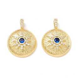 Real 18K Gold Plated Rack Plating Brass Micro Pave Clear & Marine Blue Cubic Zirconia Pendants, Cadmium Free & Nickel Free & Lead Free, Long-Lasting Plated, Flat Round with Sun, Real 18K Gold Plated, 21x16x5mm, Hole: 4x2.5mm