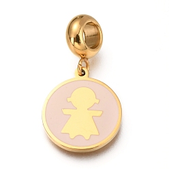 Golden Ion Plating(IP) 304 Stainless Steel European Dangle Charms, Large Hole Pendants, with Enamel, Flat Round with Girl, Misty Rose, Golden, 25.5mm, Hole: 4mm, Pendant: 16x13.5x1mm
