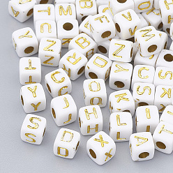 Golden Plated Plated Acrylic Beads, Metal Enlaced, Horizontal Hole, Cube with Alphabet, Golden Plated, 4.5x4.5x4.5mm, Hole: 3mm, about 5000pcs/500g
