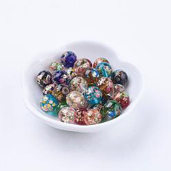 Mixed Color Flower Picture Printed Glass Beads, Round, Mixed Color, 12x11mm, Hole: 1.5mm