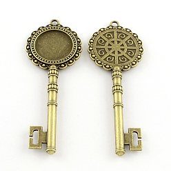 Antique Bronze Tibetan Style Key Alloy Pendant Cabochon Settings, Cadmium Free & Nickel Free & Lead Free, Antique Bronze, Tray: 20mm, 81x30x5.5mm, Hole: 3mm, about 70pcs/1000g
