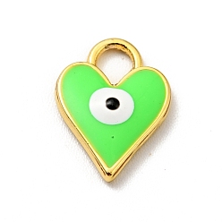 Lime Bras Enamel Charms, Cadmium Free & Lead Free, Golden, Heart with Evil Eye, Lime, 12.5x9x2mm, Hole: 2.6x3mm