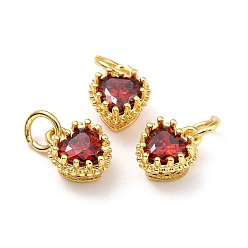 Red Brass Micro Pave Mixed Color Cubic Zirconia Pendants, Real 18K Gold Plated, Long-Lasting Plated, Heart, Red, 9.3x7.4x5.5mm, Hole: 3mm