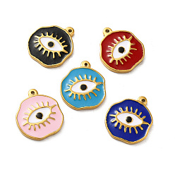 Mixed Color Ion Plating(IP) 304 Stainless Steel Charms, with Enamel, Flat Round with Evil Eye, Real 18K Gold Plated, Mixed Color, 21x18.5x2.5mm, Hole: 1.4mm