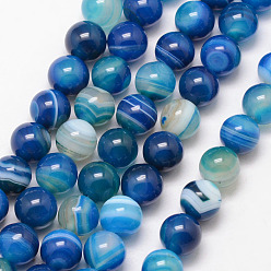 Deep Sky Blue Natural Striped Agate/Banded Agate Bead Strands, Round, Grade A, Dyed & Heated, Deep Sky Blue, 10mm, Hole: 1mm, about 37pcs/strand, 15 inch