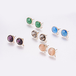 Mixed Color Faceted Glass Stud Earring Findings, with Loop, Golden Tone Brass Findings, Flat Round, Mixed Color, 17x13x6mm, Hole: 2mm, Pin: 1mm