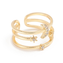 Золотой Регулируемые кольца манжеты из латуни с микропаве и кубическим цирконием, открытые кольца, долговечный, звезда / луна, золотые, Размер 7, 17 мм