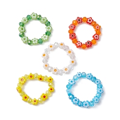 Mixed Color Glass Beaded Stretch Finger Rings for Women, Flower, Mixed Color, US Size 7 1/4(17.5mm)
