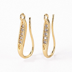 Real 18K Gold Plated Brass Micro Pave Clear Cubic Zirconia Earring Hooks, with Horizontal Loop, Real 18K Gold Plated, 18x2.5mm, Hole: 1.2mm, 22 Gauge, Pin: 0.6mm