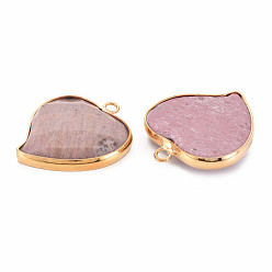 Rhodochrosite Natural Rhodochrosite Pendants, with Light Gold Plated Brass Findings, Faceted, Heart, 29~29.5x26~26.5x6mm, Hole: 2mm