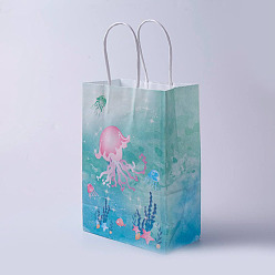 Medium Turquoise kraft Paper Bags, with Handles, Gift Bags, Shopping Bags, Ocean Theme, Rectangle, Medium Turquoise, 21x15x8cm
