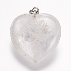 Cristal de Quartz Pendeloques de cristal de quartz naturel, cristal de roche, cœur, platine, 32.5~34x30x12mm, Trou: 5x8mm