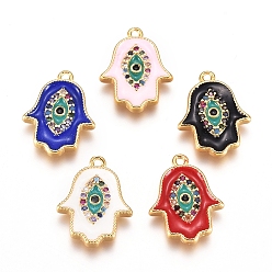 Mixed Color Brass Micro Pave Cubic Zirconia Charms, with Enamel, Hamsa Hand/Hand of Fatima/Hand of Miriam with Eye, Golden, Mixed Color, 15x12x2mm, Hole: 1mm