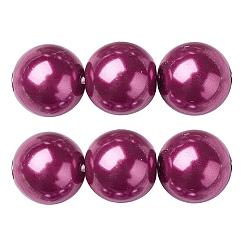Medium Violet Red Eco-Friendly Glass Pearl Beads Strands, Grade A, Round, Dyed, Cotton Cord Threaded, Medium Violet Red, 14mm, Hole: 1.2~1.5mm, about 30pcs/strand, 15.7 inch
