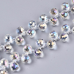 Clair Chapelets de perles en verre transparentes  , perles percées, de couleur plaquée ab , larme à facettes, clair, larme: 9.5x8 mm, Trou: 0.8mm, perles: 3~4x2.5~3.5 mm, Environ 100 pcs/chapelet, 23.62 pouce (60 cm)