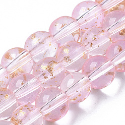 Pink Transparent Spray Painted Glass Bead Strands, with Golden Foil, Round, Pink, 6~7mm, Hole: 1.2~1.5mm, about 65~67pcs/Strand, 14.76 inch~15.12 inch(37.5~38.4cm)
