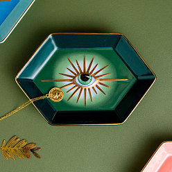 Vert Foncé Assiette à bijoux en porcelaine, plateau de rangement pour bagues, , boucle, hexagone avec motif mauvais œil, vert foncé, 166x110x25mm