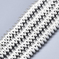 Silver Plated Electroplate Non-magnetic Synthetic Hematite Beads Strands, Bumpy, Disc, Silver Plated, 8x3mm, Hole: 1.4mm, about 120~122pcs/strand, 15.75 inch(40cm)