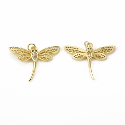 Golden Brass Micro Pave Cubic Zirconia Pendants, with Jump Ring, Dragonfly Charm, Golden, 23x30x3mm, Hole: 3mm
