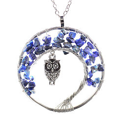 Sodalite Natural Sodalite Chip Owl with Tree of Life Pendant Necklaces, Curb Chain Necklace for Women, 20-7/8 inch(53cm)