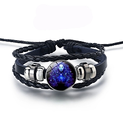 Virgo Alloy Braided Bead Bracelets, Leather Multi-Strand Bracelet, Glass Constellation Bracelet, Virgo, 7-7/8 inch(20cm)