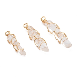 Quartz Crystal Natural Quartz Crystal Pendants, Rock Crystal Pendants, with Golden Copper Wire Findings Wrapped, Bullet, 27.5~40x7~9x7.5~9mm, Hole: 2mm