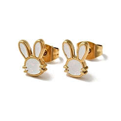 White Enamel Rabbit Stud Earrings with 316 Surgical Stainless Steel Pins, Gold Plated 304 Stainless Steel Jewelry for Women, White, 8.5x6.5mm, Pin: 0.8mm