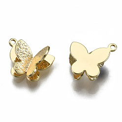 Real 18K Gold Plated Brass Charms, Nickel Free, Butterfly, Textured, Real 18K Gold Plated, 8.5x10.5x4~4.5mm, Hole: 0.9mm