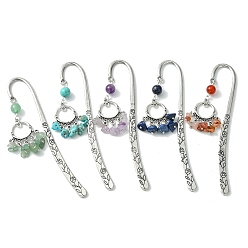 Mixed Color 5Pcs 5 Style Ring Alloy Pendant Bookmarks with Gemstone Chip Tassels, Flower Pattern Hook Bookmarks, Mixed Color, 118mm, 1pc/style