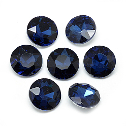 Prussian Blue Pointed Back Glass Rhinestone Cabochons, Back Plated, Faceted, Flat Round, Prussian Blue, 10x4.5~5mm