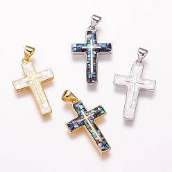 Mixed Color Freshwater Shell Pendants, with Brass Findings, Cross, Mixed Color, 26x16x2.5mm, Hole: 3.5x5mm