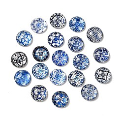 Mixed Color Glass Cabochons, Half Round/Dome with Flower Pattern, Mixed Color, 14x5.5mm, 20pcs/bag