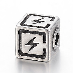 Antique Silver 304 Stainless Steel Beads, Cube with Lightning Bolt, Antique Silver, 9x8x8mm, Hole: 3mm