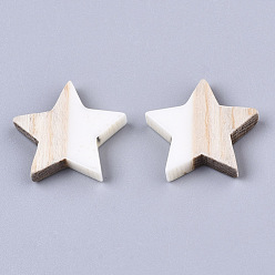 Blanco Cabujones de resina y madera, estrella, blanco, 17.5x18x3.5 mm