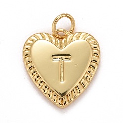 Letter T Rack Plating Real 18K Gold Plated Brass Pendants, with Jump Rings, Long-Lasting Plated, Lead Free & Cadmium Free & Nickel Free, Heart with Letter A~Z, Letter.T, 16x15x2.5mm, Jump Ring: 5x0.5mm, 3mm Inner Diameter