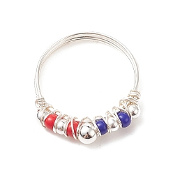 Colorful Independence Day Japanese Seed Braided Bead Finger Ring, Silver Brass Wire Wrapped Jewelry for Women, Colorful, Inner Diameter: 17.6mm