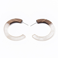 Clear Resin & Walnut Wood Stud Earring Findings, Half Hoop Earrings, Imitation Gemstone, with 304 Stainless Steel Pin, Clear, 35x35x4mm, Pin: 0.7mm