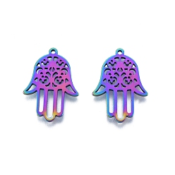 Rainbow Color 201 Stainless Steel Pendant, Hollow Charms, Hamsa Hand/Hand of Miriam with Flower, Rainbow Color, 27x19x1.5mm, Hole: 1.4mm