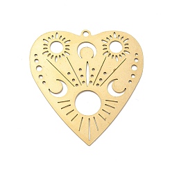 Золотой Подвески из латуни, сердце с рисунком солнца и луны, золотые, 46x44x1 мм, отверстие : 2.2 мм