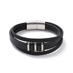 Stainless Steel Color Microfiber Multi-strand Bracelets, Braided Cord Bracelets for Men Women, with 304 Stainless Steel Magnetic Clasps & Beads, Electrophoresis Black & Stainless Steel Color, 8-1/2 inch(21.5cm)